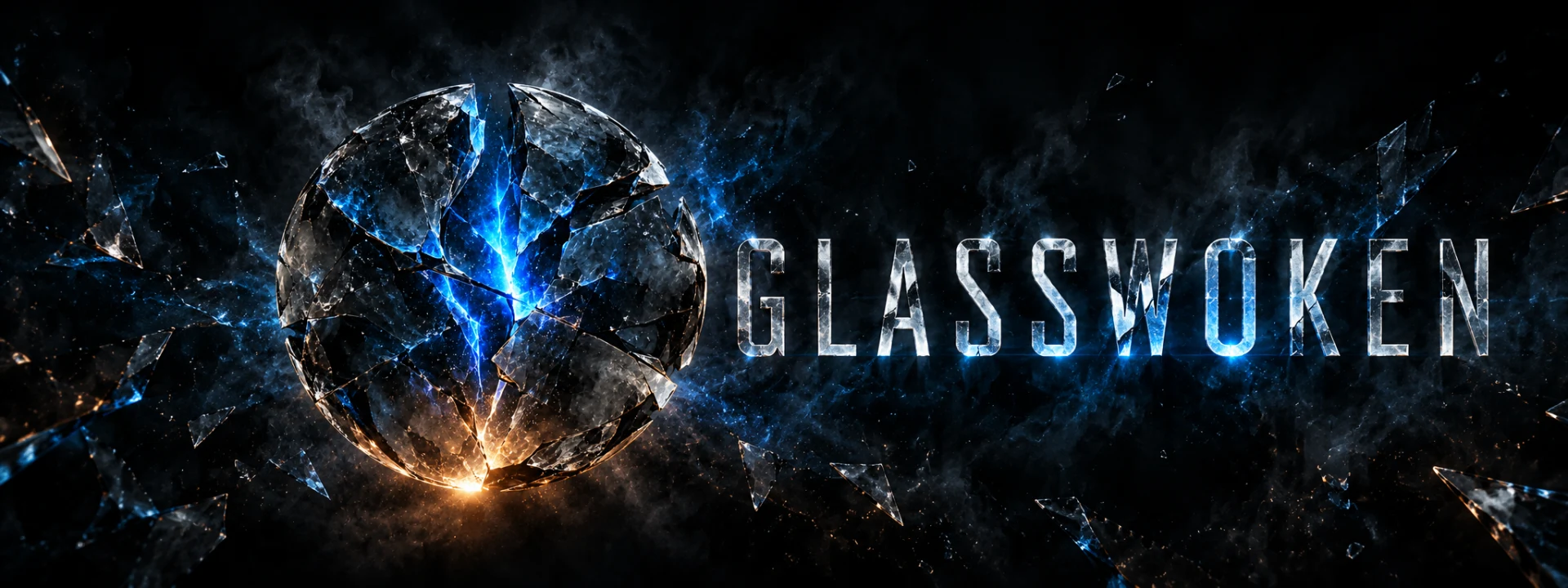 GLASSWOKEN — shattered glass illuminated with cobalt blue and amber light